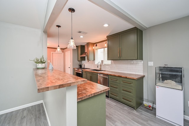 19923 Ricewood Way, Katy, TX 77449 - kitchen featuring wooden counters, green cabinets, stainless steel appliances, light wood finished floors, and backsplash