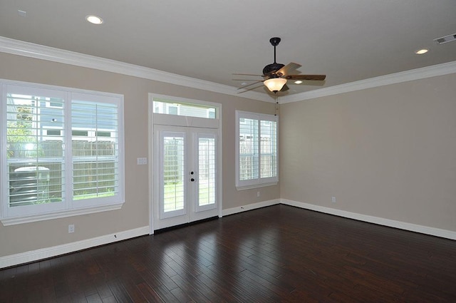 5325 Petty St Unit B, Houston, TX 77007 - spare room featuring dark wood-type flooring, a ceiling fan, crown molding, recessed lighting, and french doors