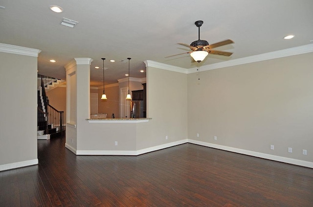5325 Petty St Unit B, Houston, TX 77007 - unfurnished living room featuring a ceiling fan, hardwood / wood-style floors, stairway, recessed lighting, and ornamental molding