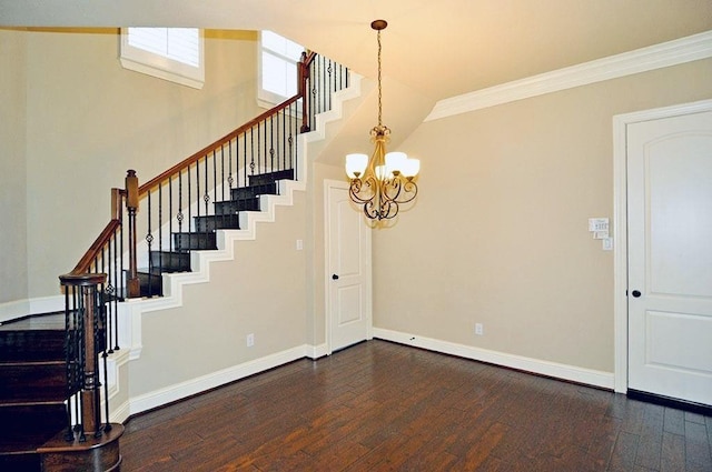 5325 Petty St Unit B, Houston, TX 77007 - stairs featuring hardwood / wood-style floors, ornamental molding, a chandelier, and vaulted ceiling