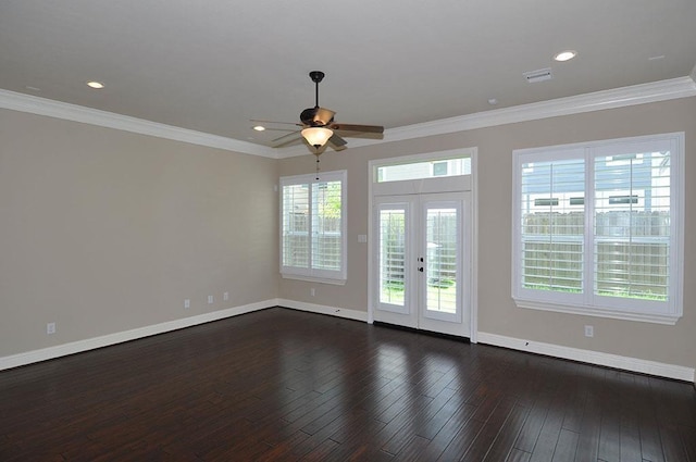 5325 Petty St Unit B, Houston, TX 77007 - spare room featuring ceiling fan, dark wood finished floors, crown molding, recessed lighting, and french doors
