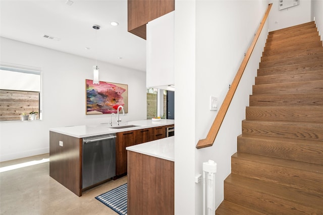 509 W Drew St, Houston, TX 77006 - bar with stainless steel dishwasher, stairs, hanging light fixtures, and recessed lighting