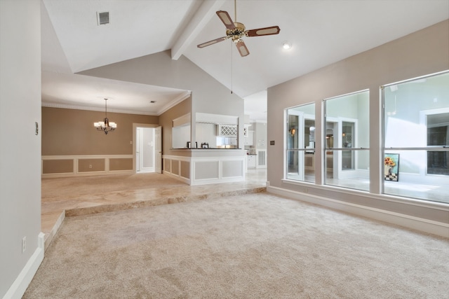 6606 Preston Trail Dr, Houston, TX 77069 - unfurnished living room featuring carpet, ceiling fan, a chandelier, beamed ceiling, and high vaulted ceiling