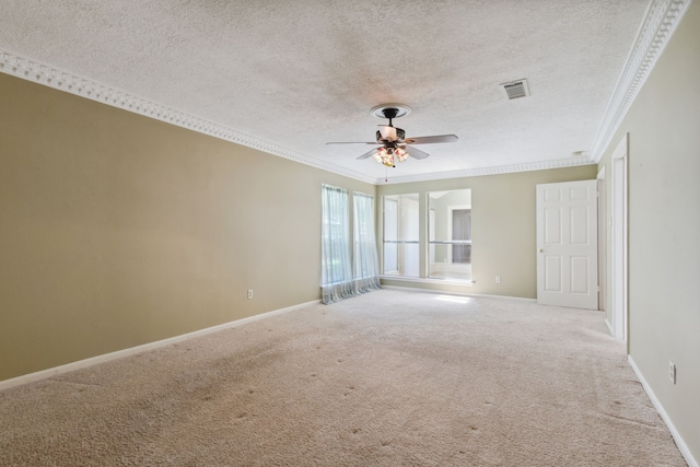 6606 Preston Trail Dr, Houston, TX 77069 - spare room with ornamental molding, light colored carpet, a textured ceiling, and ceiling fan