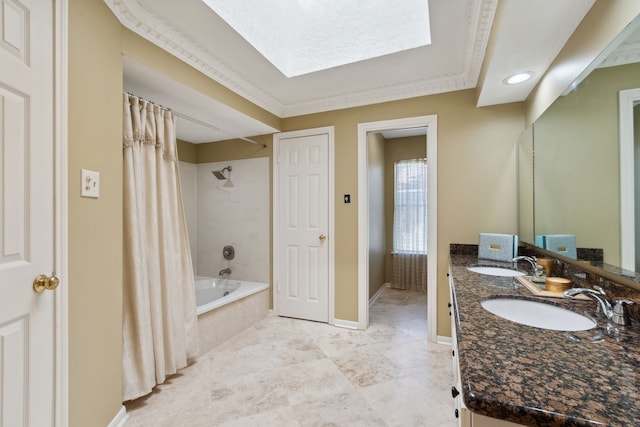 6606 Preston Trail Dr, Houston, TX 77069 - full bath with shower / bathtub combination with curtain, double vanity, a skylight, and tile patterned flooring