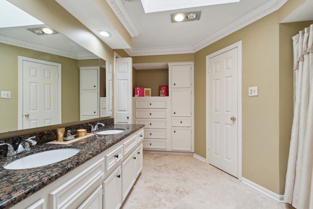 6606 Preston Trail Dr, Houston, TX 77069 - full bathroom with double vanity, ornamental molding, and a skylight
