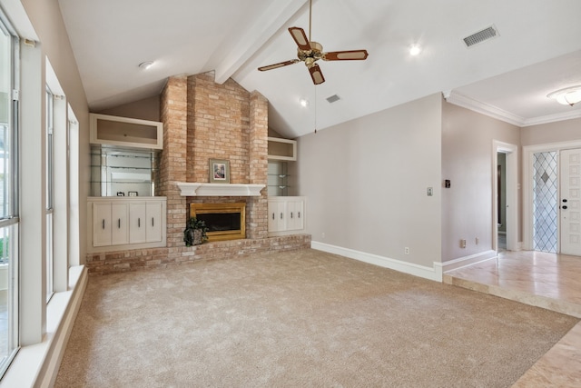 6606 Preston Trail Dr, Houston, TX 77069 - unfurnished living room with a ceiling fan, a fireplace, and carpet