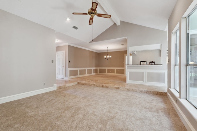 6606 Preston Trail Dr, Houston, TX 77069 - unfurnished living room with beamed ceiling, ceiling fan, carpet floors, a chandelier, and high vaulted ceiling