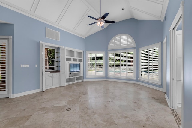 193 Grogans Point Rd, The Woodlands, TX 77380 - unfurnished living room with high vaulted ceiling, plenty of natural light, and a ceiling fan