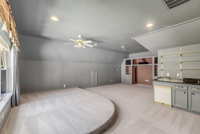 193 Grogans Point Rd, The Woodlands, TX 77380 - additional living space with light colored carpet, recessed lighting, lofted ceiling, and ceiling fan