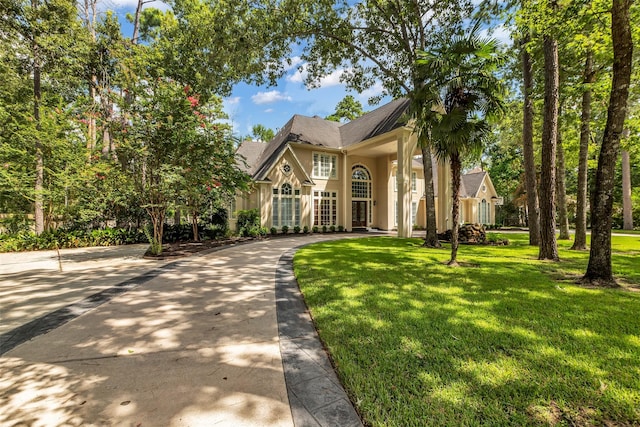 193 Grogans Point Rd, The Woodlands, TX 77380 - view of front of home with stucco siding and a front lawn