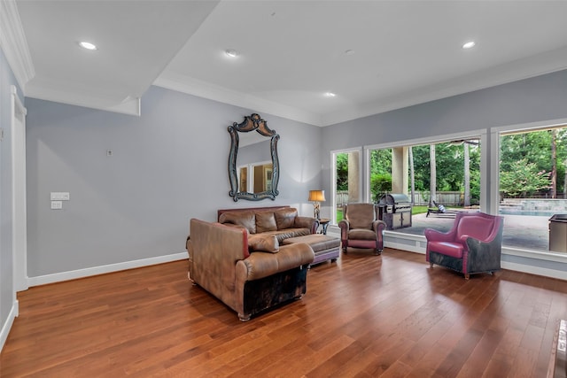 193 Grogans Point Rd, The Woodlands, TX 77380 - living room with crown molding, healthy amount of natural light, hardwood / wood-style floors, and recessed lighting