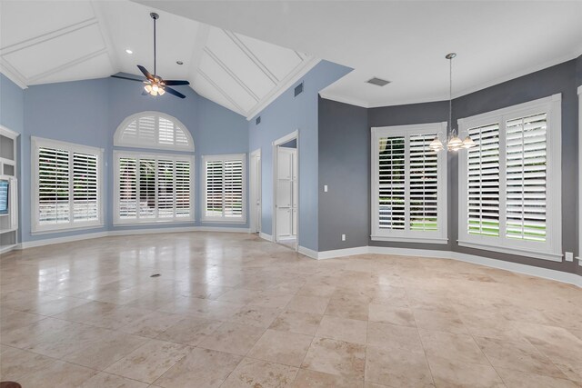 193 Grogans Point Rd, The Woodlands, TX 77380 - unfurnished living room featuring ceiling fan, light tile patterned floors, high vaulted ceiling, a chandelier, and ornamental molding