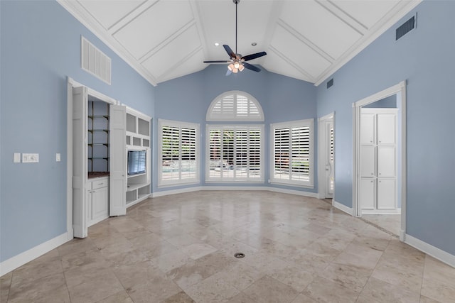 193 Grogans Point Rd, The Woodlands, TX 77380 - empty room with ceiling fan and high vaulted ceiling