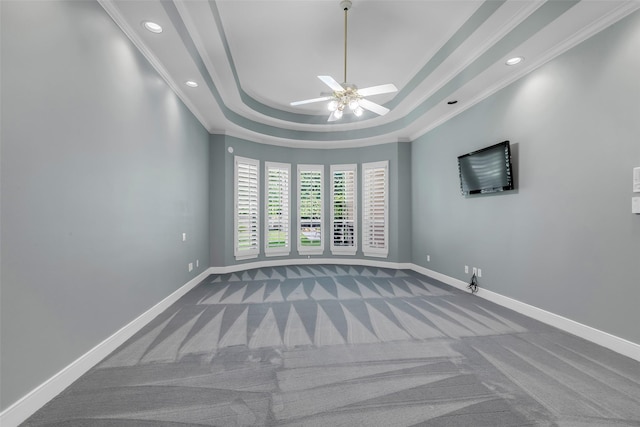 193 Grogans Point Rd, The Woodlands, TX 77380 - carpeted empty room with a ceiling fan, recessed lighting, crown molding, and a tray ceiling
