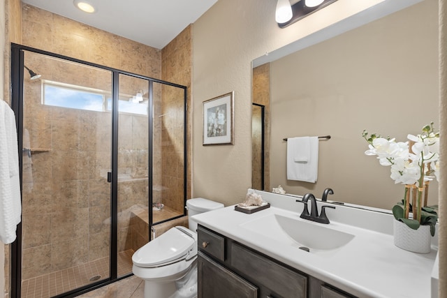 10527 Caddo Lake Dr, Needville, TX 77461 - full bathroom with vanity, a stall shower, and tile patterned flooring