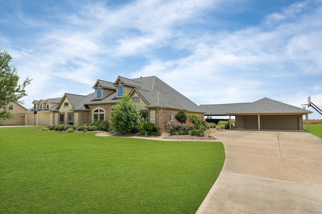 10527 Caddo Lake Dr, Needville, TX 77461 - view of front of property with concrete driveway, a garage, brick siding, a front lawn, and a shingled roof