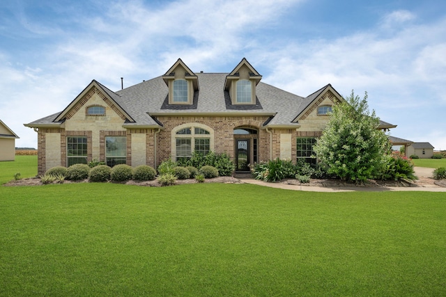 10527 Caddo Lake Dr, Needville, TX 77461 - french country home featuring roof with shingles, brick siding, and a front lawn