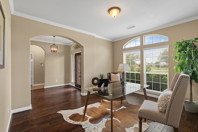 10527 Caddo Lake Dr, Needville, TX 77461 - home office featuring arched walkways, crown molding, and wood finished floors