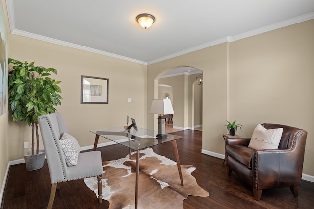 10527 Caddo Lake Dr, Needville, TX 77461 - office area with arched walkways, crown molding, and wood finished floors