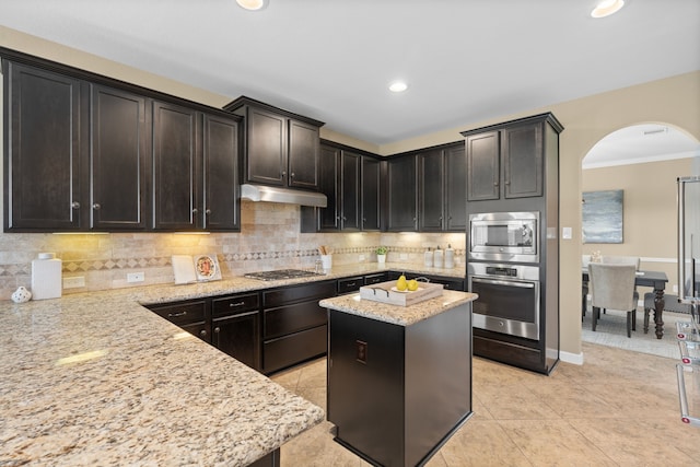10527 Caddo Lake Dr, Needville, TX 77461 - kitchen with appliances with stainless steel finishes, arched walkways, crown molding, under cabinet range hood, and light stone countertops