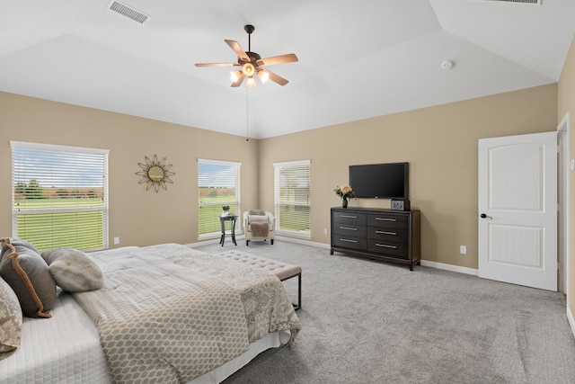 10527 Caddo Lake Dr, Needville, TX 77461 - bedroom with light colored carpet, a ceiling fan, and high vaulted ceiling