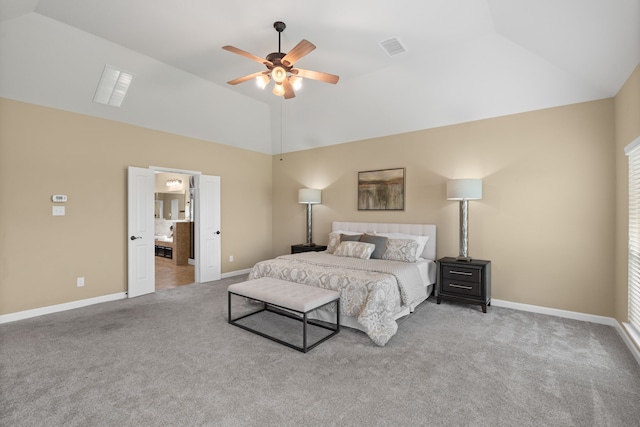 10527 Caddo Lake Dr, Needville, TX 77461 - carpeted bedroom with high vaulted ceiling, a ceiling fan, and connected bathroom