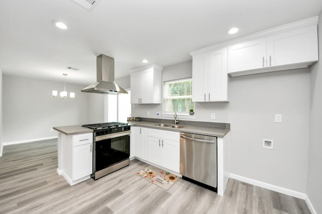 5634 Beldart St, Houston, TX 77033 - kitchen featuring stainless steel appliances, ventilation hood, a peninsula, light wood-type flooring, and white cabinets