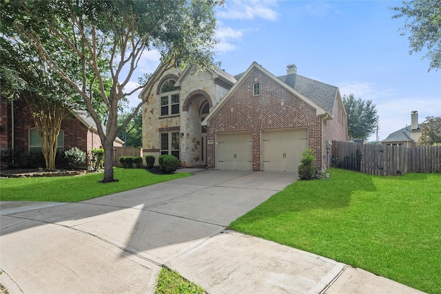 4403 Lodge Vine Ct, Sugar Land, TX 77479 - view of front of home with brick siding, concrete driveway, an attached garage, a chimney, and stone siding
