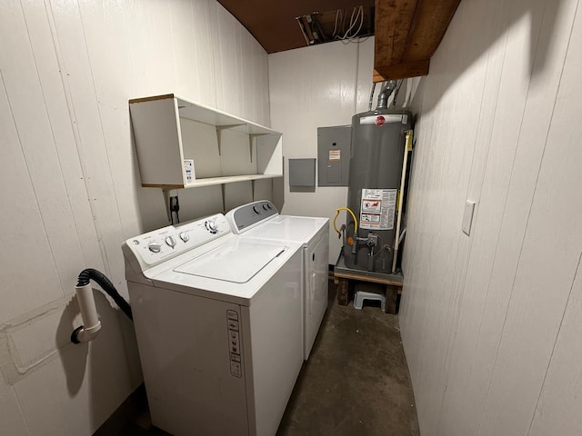 427 22nd Ave N, Texas City, TX 77590 - laundry area with water heater, electric panel, washing machine and clothes dryer, and wooden walls