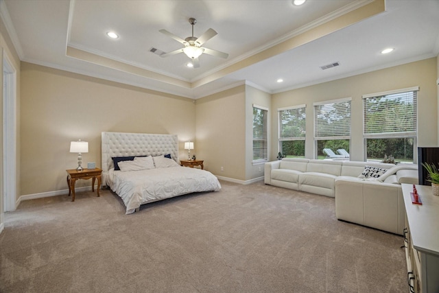 17310 Venado Dr, Cypress, TX 77433 - carpeted bedroom featuring crown molding, recessed lighting, a raised ceiling, and a ceiling fan