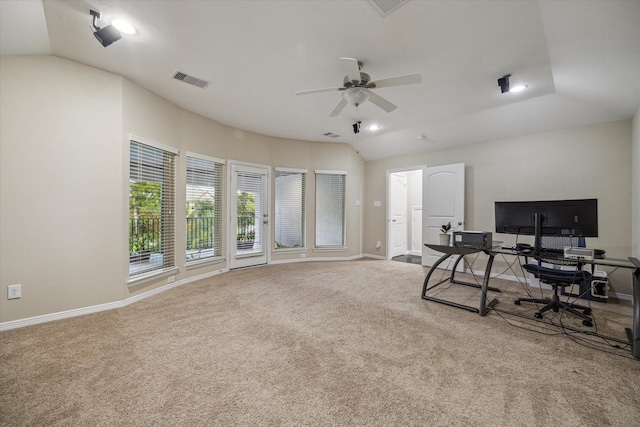 17310 Venado Dr, Cypress, TX 77433 - office area featuring lofted ceiling, carpet, a ceiling fan, and recessed lighting