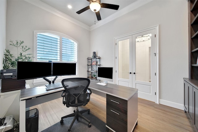 5350 Cherry Spring Dr, Spring, TX 77386 - home office with ornamental molding, french doors, ceiling fan, light wood-style flooring, and recessed lighting