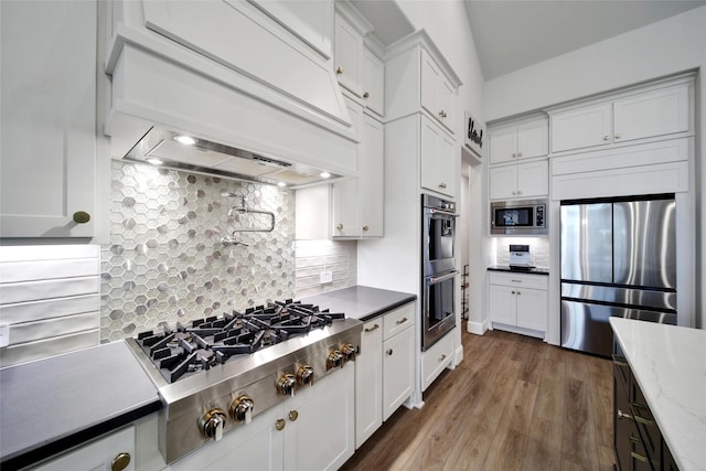 5350 Cherry Spring Dr, Spring, TX 77386 - kitchen featuring stainless steel appliances, premium range hood, decorative backsplash, white cabinets, and wood finished floors