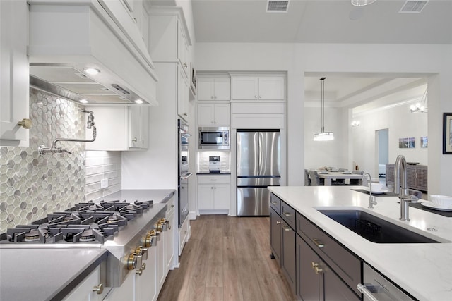 5350 Cherry Spring Dr, Spring, TX 77386 - kitchen with appliances with stainless steel finishes, premium range hood, white cabinetry, tasteful backsplash, and light wood-style flooring