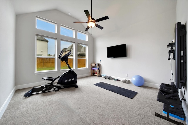 5350 Cherry Spring Dr, Spring, TX 77386 - workout room with a ceiling fan, lofted ceiling, and carpet
