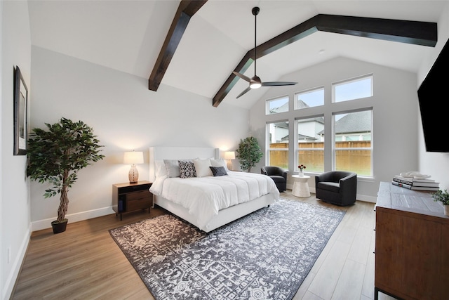 5350 Cherry Spring Dr, Spring, TX 77386 - bedroom with beamed ceiling, multiple windows, light wood-style flooring, high vaulted ceiling, and a ceiling fan