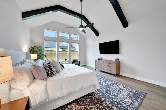 5350 Cherry Spring Dr, Spring, TX 77386 - bedroom with wood finished floors, beamed ceiling, a ceiling fan, and high vaulted ceiling