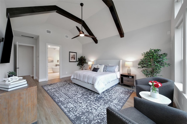 5350 Cherry Spring Dr, Spring, TX 77386 - bedroom featuring beamed ceiling, light wood-type flooring, ensuite bathroom, high vaulted ceiling, and a ceiling fan