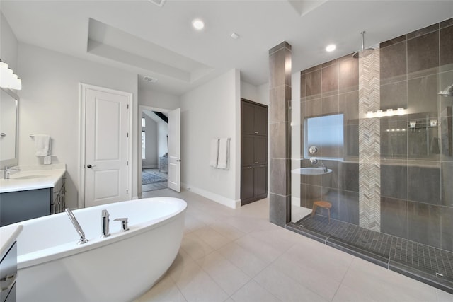 5350 Cherry Spring Dr, Spring, TX 77386 - full bathroom with a shower stall, vanity, a freestanding tub, tile patterned floors, and recessed lighting