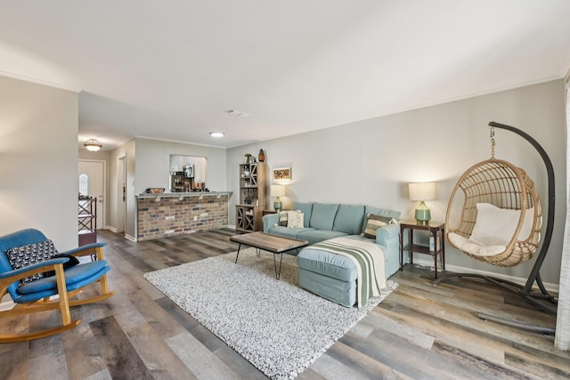 10676 Hazelhurst Dr, Houston, TX 77043 - living room featuring dark wood-style floors and ornamental molding