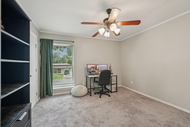 10676 Hazelhurst Dr, Houston, TX 77043 - carpeted office with crown molding and a ceiling fan