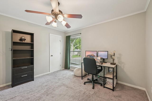 10676 Hazelhurst Dr, Houston, TX 77043 - home office featuring carpet floors, ornamental molding, and ceiling fan