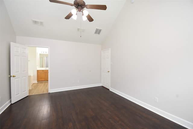 2611 Sandy Mist Ct, Katy, TX 77494 - unfurnished bedroom with high vaulted ceiling, wood finished floors, ensuite bathroom, and ceiling fan