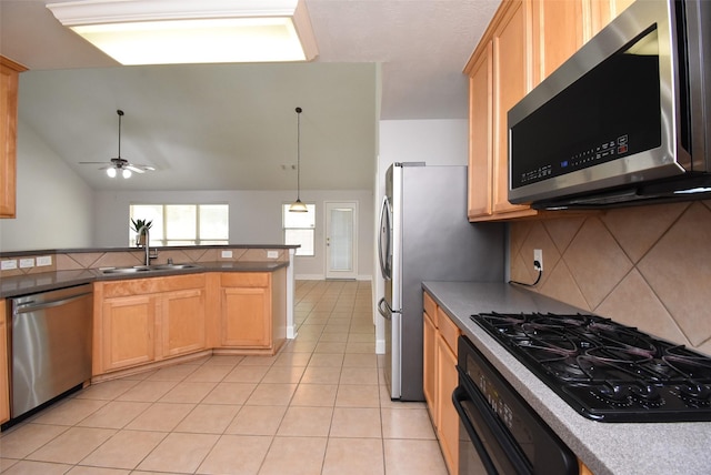 2611 Sandy Mist Ct, Katy, TX 77494 - kitchen with black appliances, tasteful backsplash, light tile patterned floors, ceiling fan, and light brown cabinets