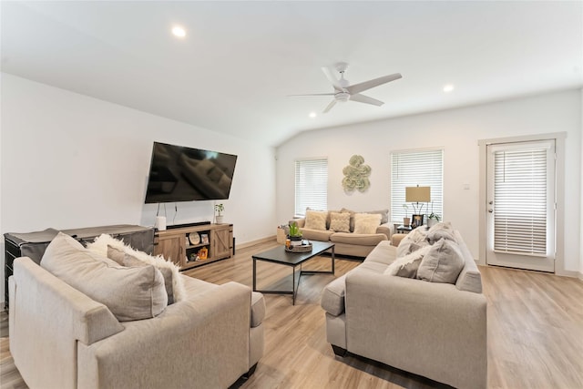 7902 Sleek Flock Ln, Rosharon, TX 77583 - living room featuring ceiling fan, recessed lighting, light wood-style floors, and lofted ceiling