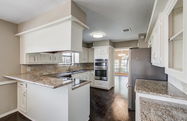 1511 Calveryman Ln, Katy, TX 77449 - kitchen with stainless steel appliances, dark wood-type flooring, a peninsula, plenty of natural light, and a textured ceiling