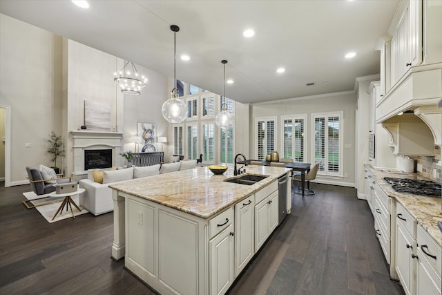 1923 Rice Mill Dr, Katy, TX 77493 - kitchen with stainless steel appliances, dark wood finished floors, a kitchen island with sink, light stone countertops, and healthy amount of natural light