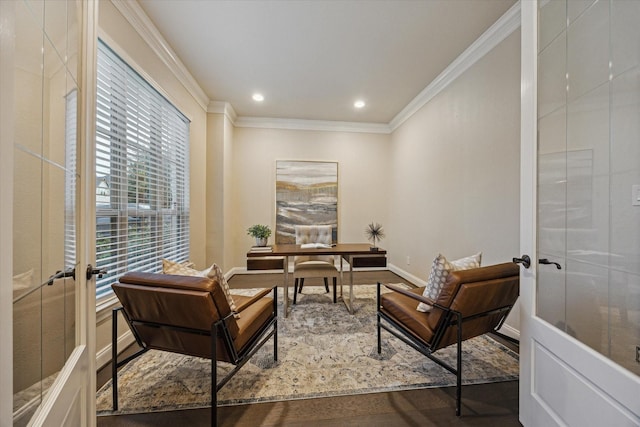 1923 Rice Mill Dr, Katy, TX 77493 - sitting room with ornamental molding, wood finished floors, recessed lighting, french doors, and a desk