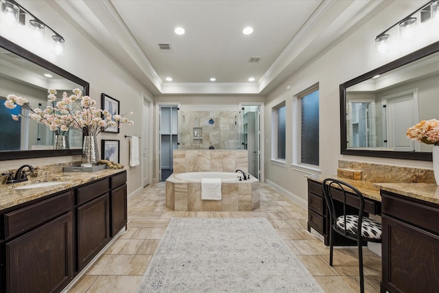 1923 Rice Mill Dr, Katy, TX 77493 - bathroom with ornamental molding, a garden tub, vanity, a tile shower, and recessed lighting